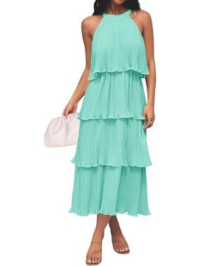 Women's Mint Summer Halter Ruffle Sleeveless Formal Wedding Guest Midi Dresses